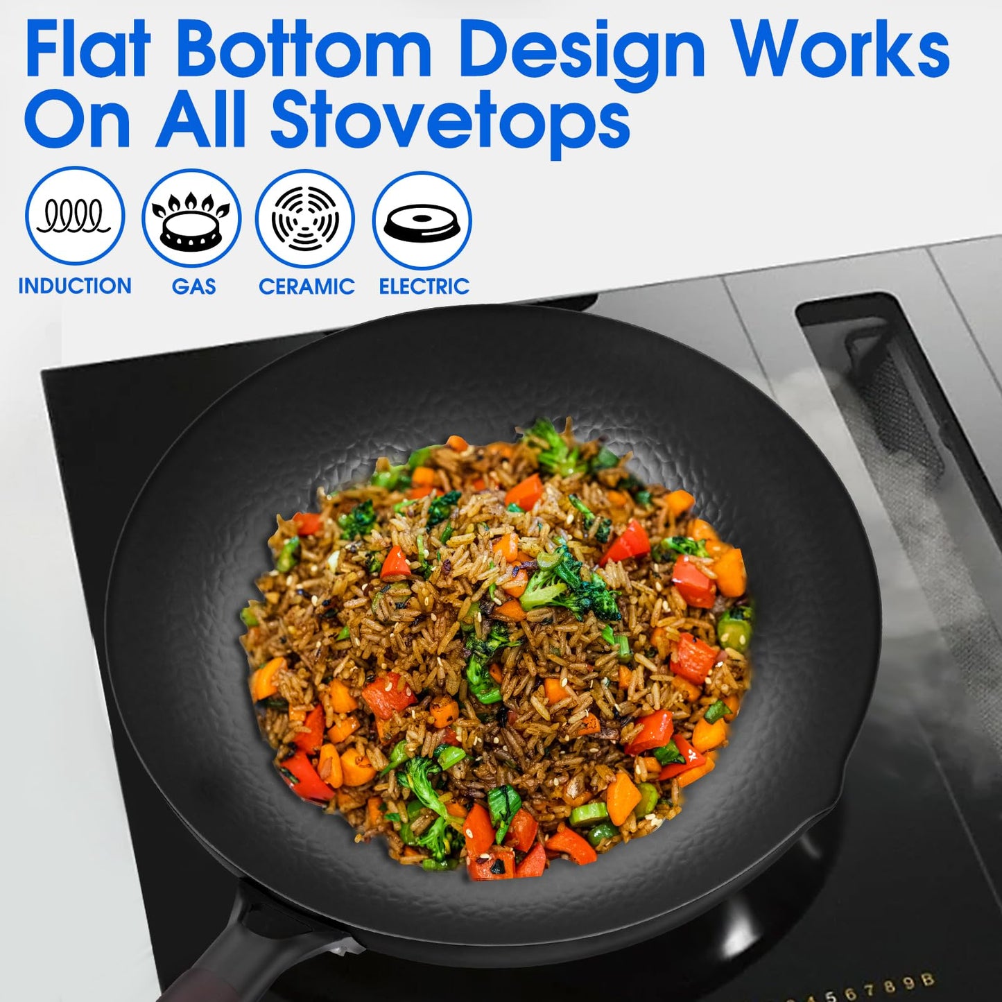 Souped Up Recipes 13.4 Inch Carbon Steel Wok for Electric, Induction and Gas Stoves (Lid, Spatula and User Guide Video Included)