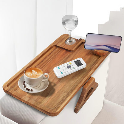 comfoyar Sofa Arm Tray, Foldable Acacia Wood Clip On Sofa Armrest Table