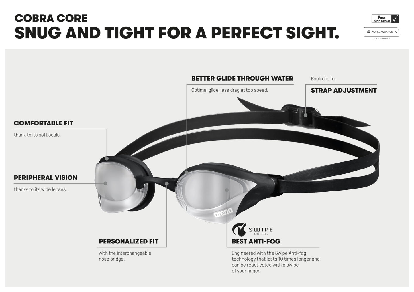 arena Cobra Core Swipe Mirror Unisex Adult Racing Swimming Goggles, Swimming Pool Goggles with Curved Mirror Lenses, Anti-Fog, UV Protection, 5