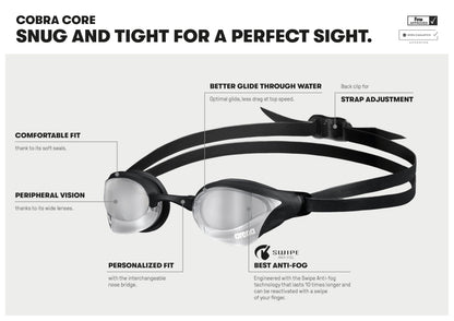 arena Cobra Core Swipe Mirror Unisex Adult Racing Swimming Goggles, Swimming Pool Goggles with Curved Mirror Lenses, Anti-Fog, UV Protection, 5