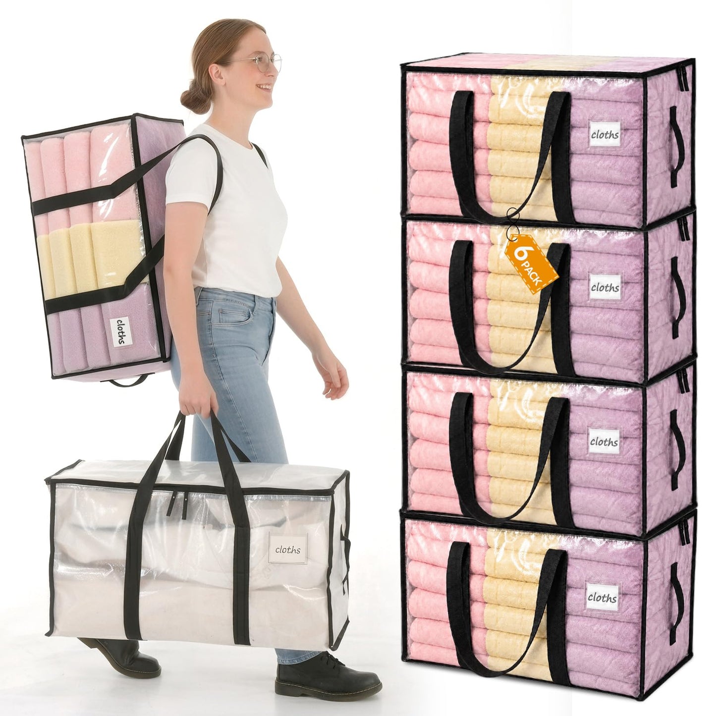 Velway 95L Moving Bags 6 Pack, Clear Heavy Duty Storage Bags