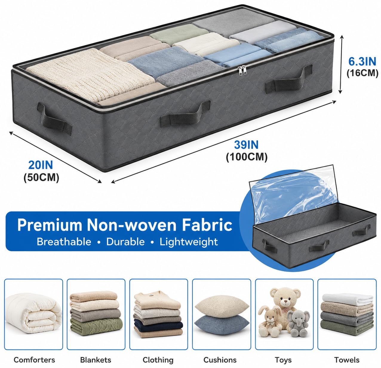 Pack of 4 Under Bed Storage Bags, 100L Large Capacity Underbed Storage Containers with Strong Handles & Clear PVC Window