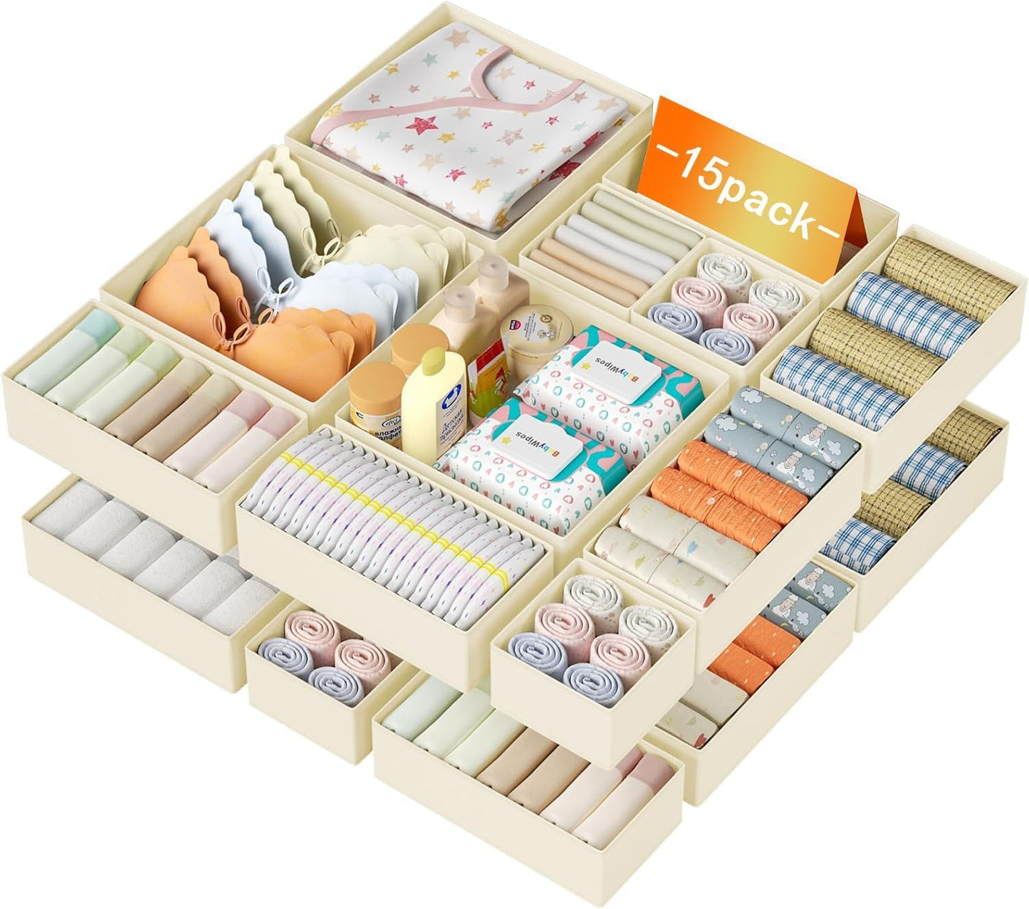 DIMJ 15Pack Clothes Organiser for Wardrobe, Baby Nursery Dividers, Beige