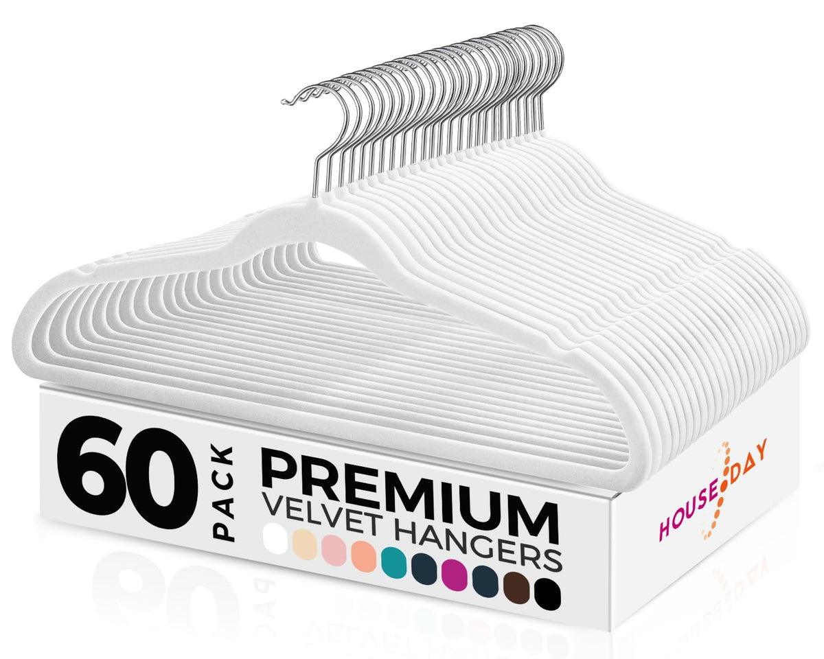 HOUSE DAY White Velvet Hangers 60 Pack, Non-Slip Coat hangers