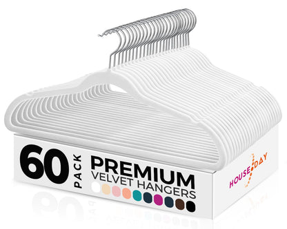 HOUSE DAY White Velvet Hangers 60 Pack, Non-Slip Coat hangers
