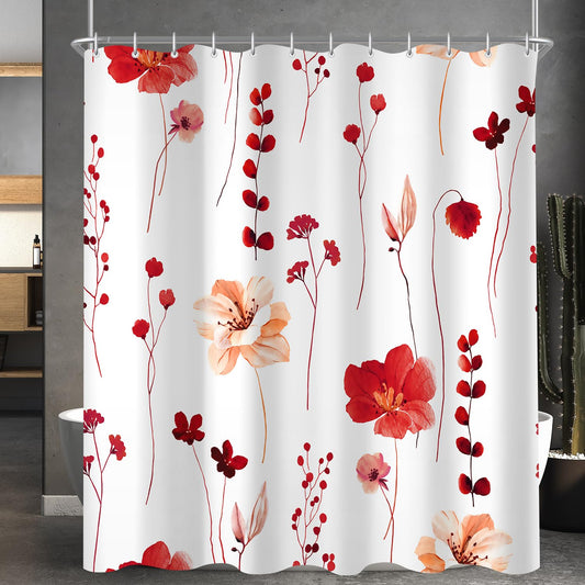 Lerores Shower Curtain, 180 x 160 cm, Red Motif, Weighted Hem, Anti-Mould, Water-Repellent, Washable Polyester Bath Curtains with 12 Eyelets and