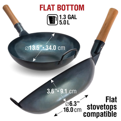 YOSUKATA Flat Bottom Wok Pan - 34 cm Pre-Seasoned Blue Carbon Steel Wok - Traditional Japanese Cookware for Electric Induction Ceramic Gas Cooktops