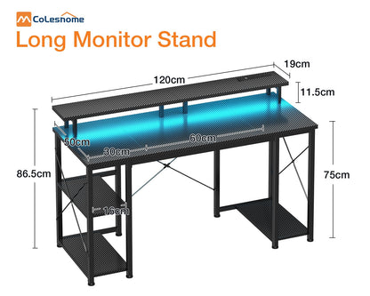 Coleshome Gaming Desk with LED Lights, 120x50 cm, Carbon Fiber Black