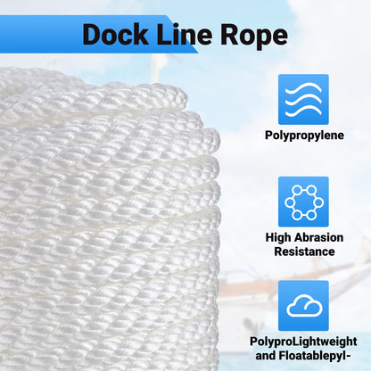 CarBole Nylon Mooring Rope, Multi-functional Dock Line Rope 12mm*61m for Survival | Boating | Sports | Camping | Sailing | Hiking (White) (5850LB)