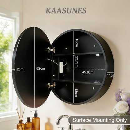 KAASUNES Round Mirror Cabinet with Light,Aluminum Framed,3 Colors Temperature&Dimmer,USB Shaver Socket,Defogger,61cm,black