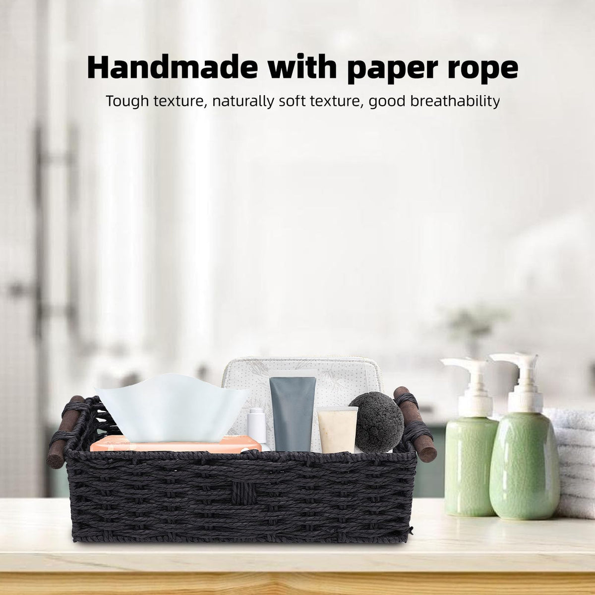 HELEVIA Paper Rope Storage Basket, Handmade Woven Decorative Storage Bin Toilet Tank Topper Paper Basket, for Shelves Countertop (Black)