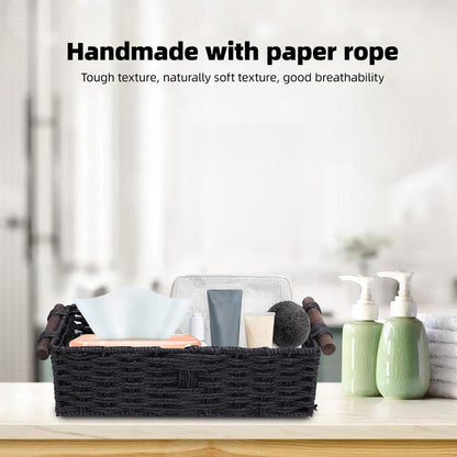 HELEVIA Paper Rope Storage Basket, Handmade Woven Decorative Storage Bin Toilet Tank Topper Paper Basket, for Shelves Countertop (Black)