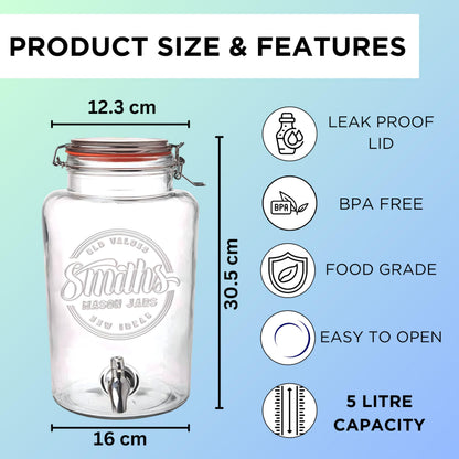 Smith's Mason Jars 5 Liter Glass Drinks Dispenser with Stainless Tap Spigot | Punch Dispenser | Drink Pitcher with Spout | Ideal for Outdoor Picnic