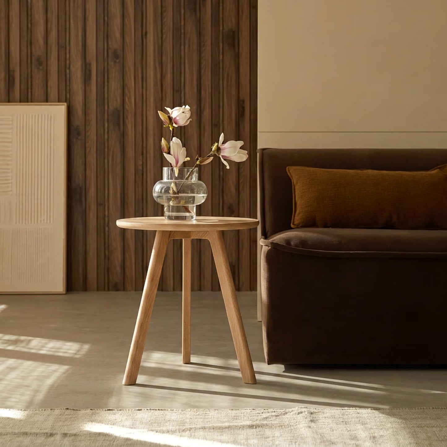 Raico Round Side Table 100% Solid Oak Wood Occasional Minimal Scandinavian End Table for Living Room (Natural Oak)