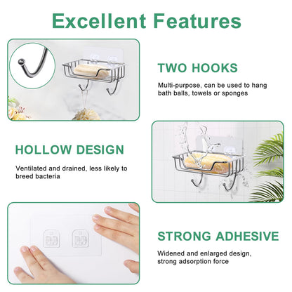 Uten 2 Pcs Strong Self Adhesive Soap Dish, Stainless Steel Soap Holder with Hook No Drilling, Wall Mounted Soap Tray for Shower Bathroom Kitchen
