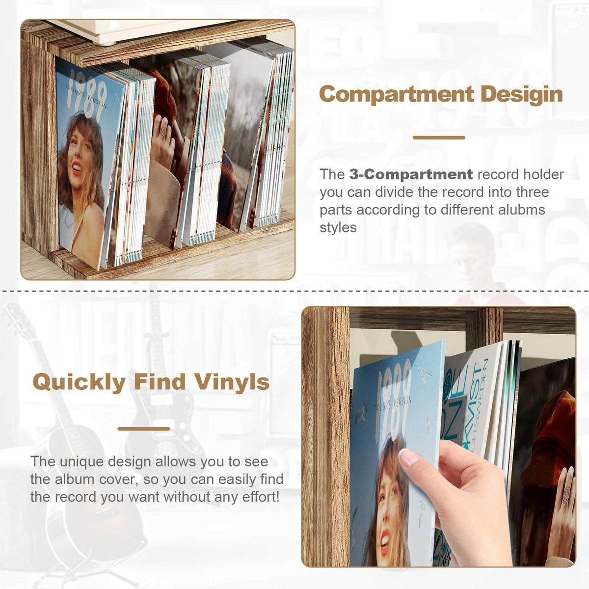 Emfogoo Vinyl Record Storage Wall Mounted Holds 100 LP Albums, 3-Tier Organizer Cabinet with Wall Mount