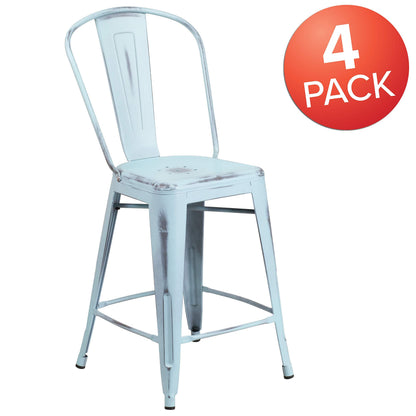Flash Furniture Blake Commercial Grade 4 Pack 24" High Distressed Green-Blue Metal Indoor-Outdoor Counter Height Stool with Back