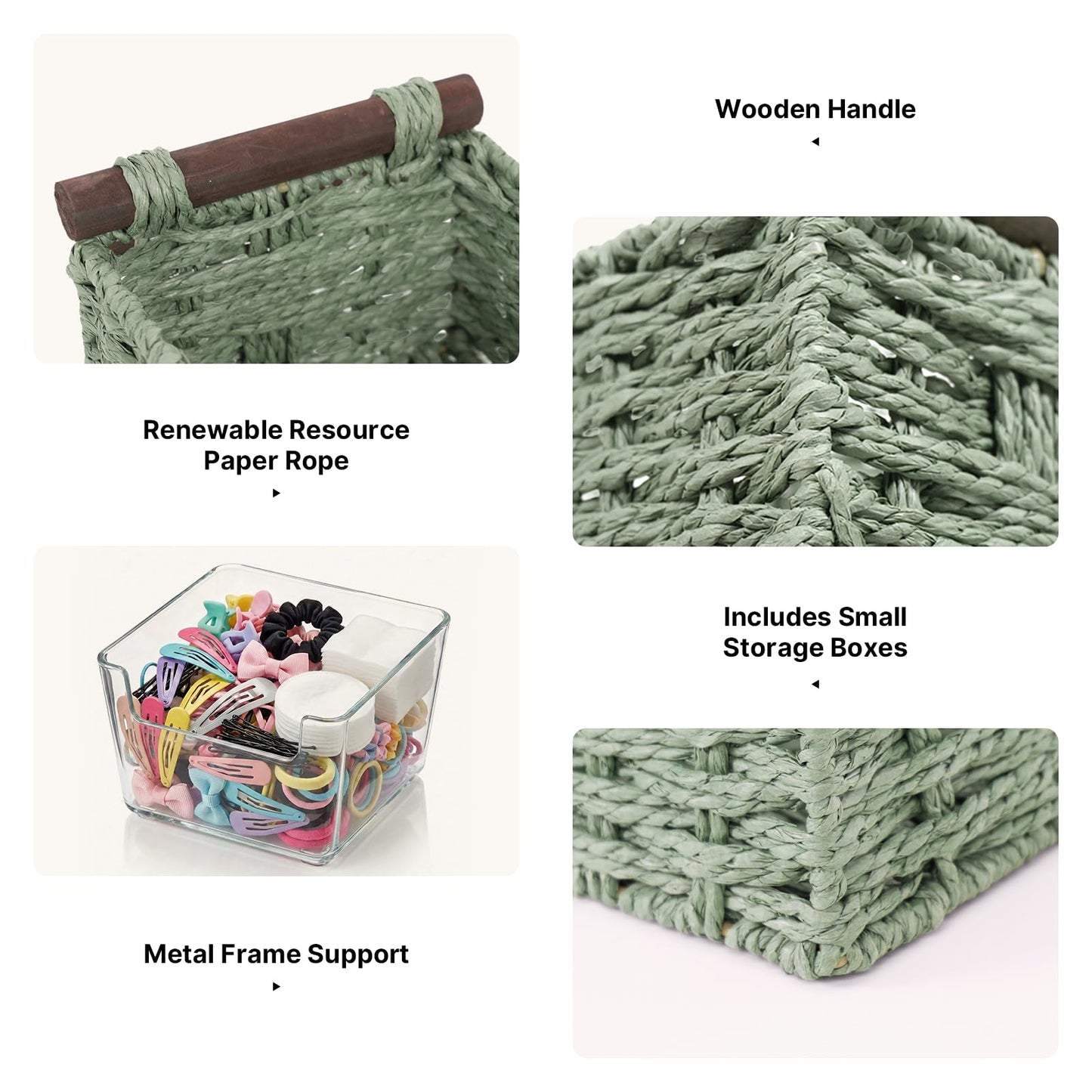 Paper Rope Storage Wicker Baskets for Toilet Tank Top with Wooden Handle Small Decorative Organizer Bin Rectangular Tray for Countertop Shelf Green