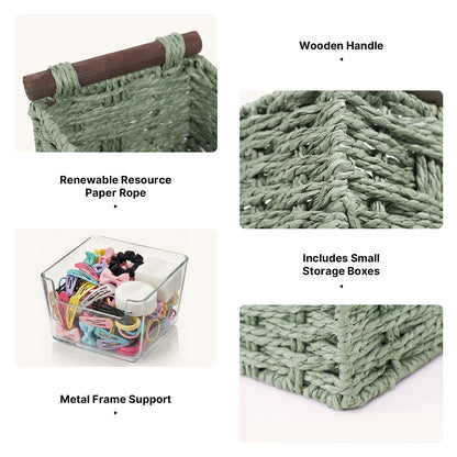 Paper Rope Storage Wicker Baskets for Toilet Tank Top with Wooden Handle Small Decorative Organizer Bin Rectangular Tray for Countertop Shelf Green