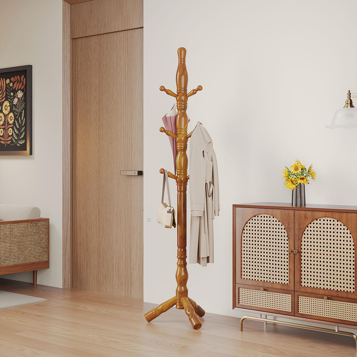 Multibao Sturdy Wooden Coat Rack Stand Vintage Posh Solid Wood 185cm with 9 Hooks Heavy Duty Free standing Hall Coat Hat Clothes Tree Stands for