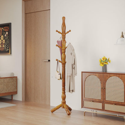 Multibao Sturdy Wooden Coat Rack Stand Vintage Posh Solid Wood 185cm with 9 Hooks Heavy Duty Free standing Hall Coat Hat Clothes Tree Stands for