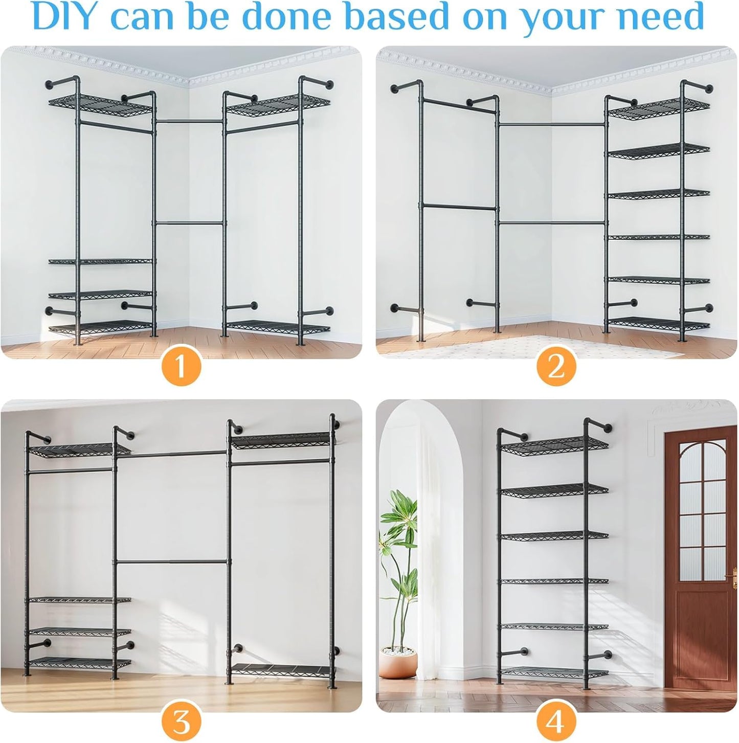 Wall Mounted Heavy Duty Clothes Rail with 6 Shelves 2 Expandable Rods