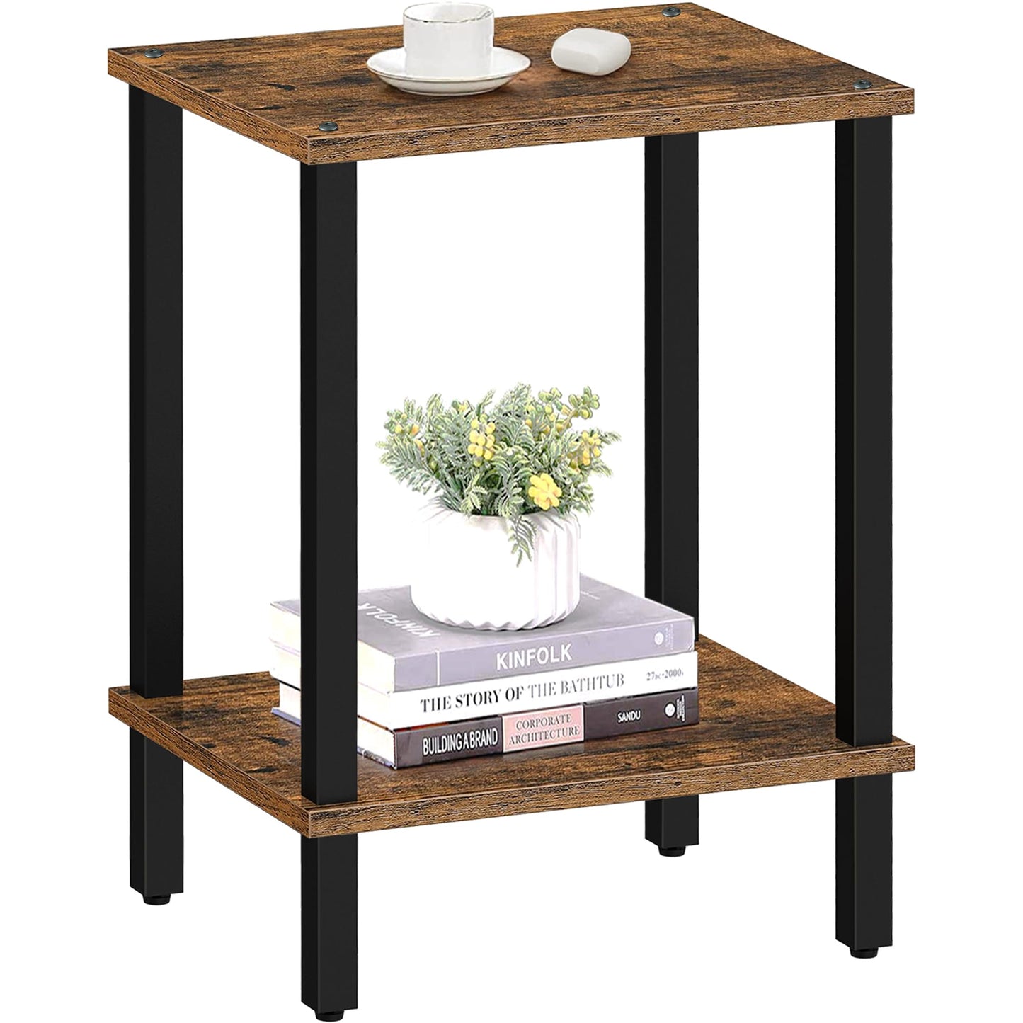 TUTOTAK Side Table, Bedside Table, Night stand, 2-Tier Storage Shelf, End Table for Small Space, Living Room, Bed Room, Brown TB01BB034EU
