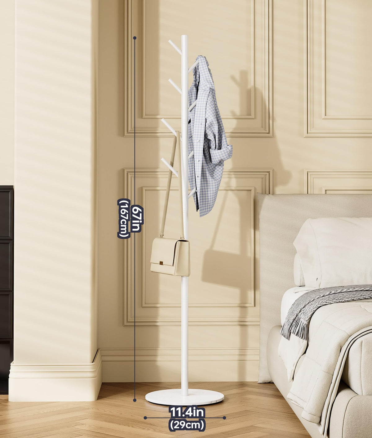 Tujurich Coat Rack with 8 Hooks, 3 Adjustable Heights, Modern Hall Tree, Sturdy Metal Coat Stand with Sintered Stone Base, for Hallway