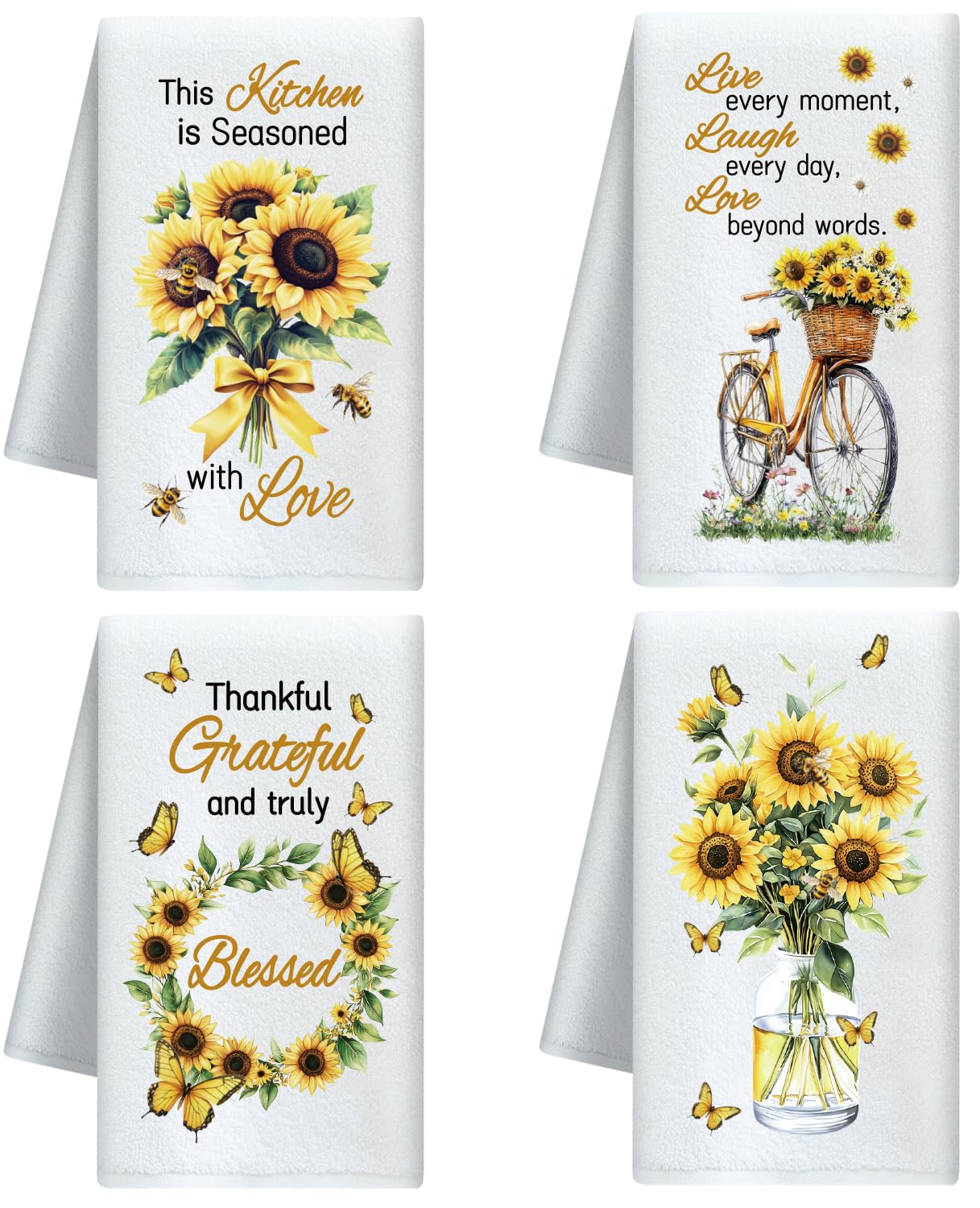 CUTHOLLOW Sunflower and Butterfly Decorative Kitchen Towels Set of 4, Soft & Absorbent Microfiber Dish Towel for Kitchen Tea Coffee Bar Home, Best