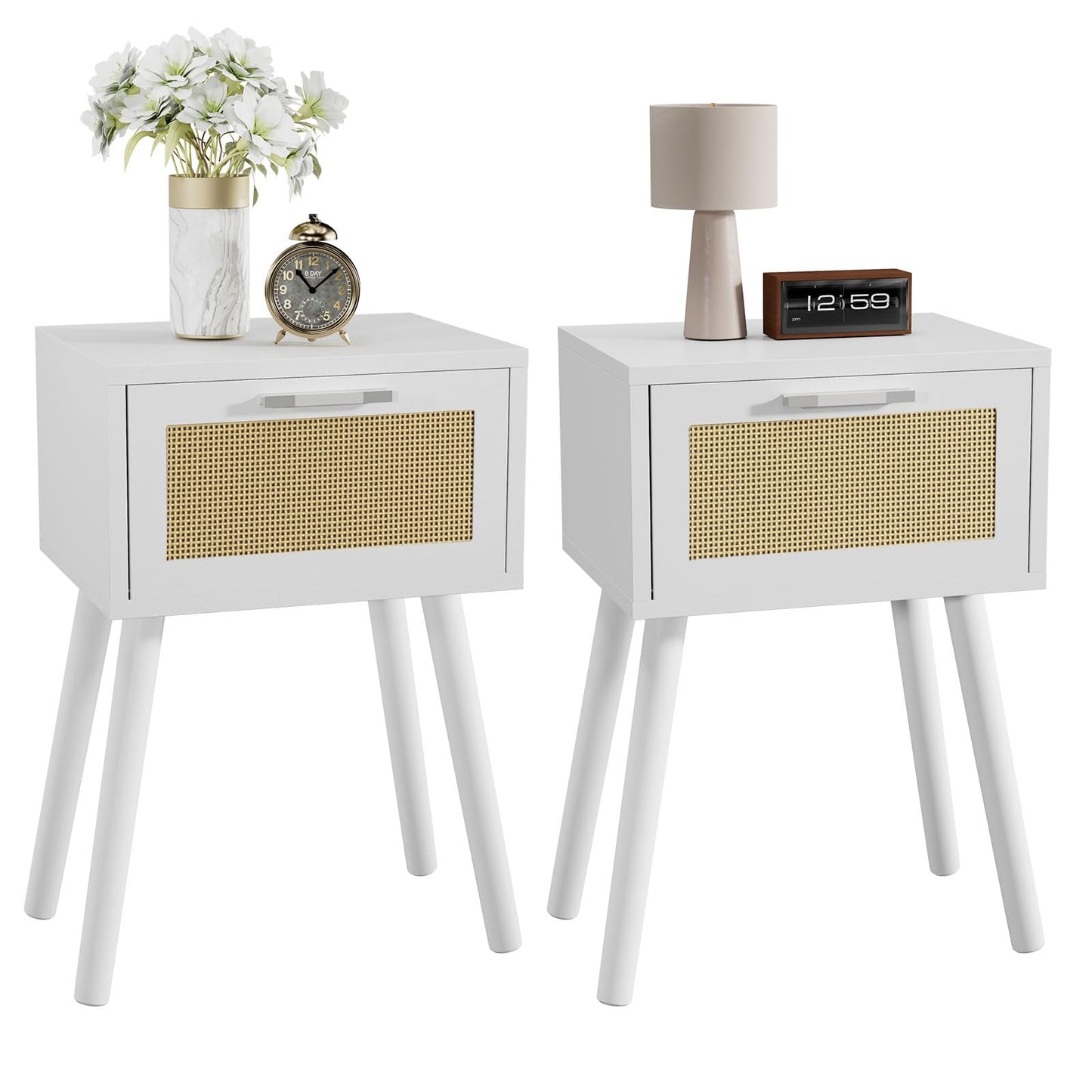 YMYNY Nightstand Set of 2, End Table, Small Bedside Table, Handmade Rattan Decorated Drawer, Solid Wood Legs, 35?27?53cm, Modern Side Table for