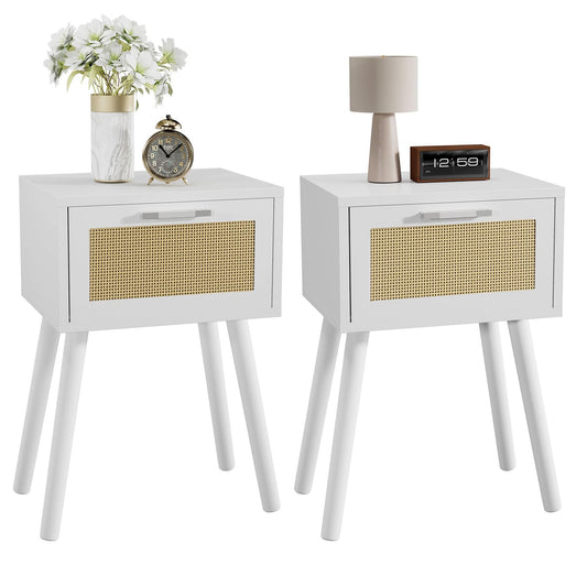 YMYNY Nightstand Set of 2, End Table, Small Bedside Table, Handmade Rattan Decorated Drawer, Solid Wood Legs, 35?27?53cm, Modern Side Table for