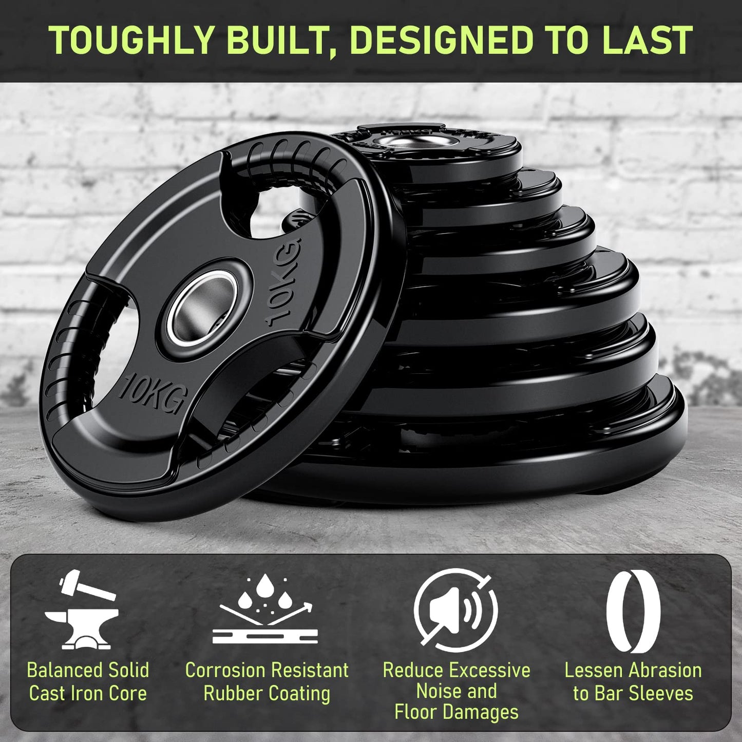 PhysKcal Olympic Weight Plates 4 x 2.5kg with Rubber Finish 2?? Opening and Tri-Grips, Black Barbell Plates for Lifting and Strength Training, Solid