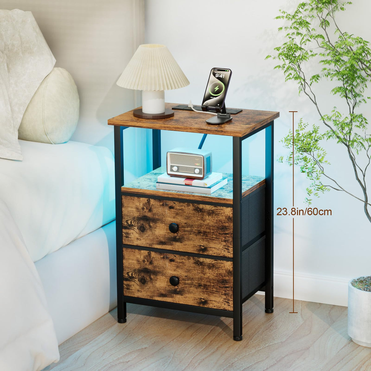 LOAKEKEL Bedside Table, Side Table with Charging Station, Bed Side Table