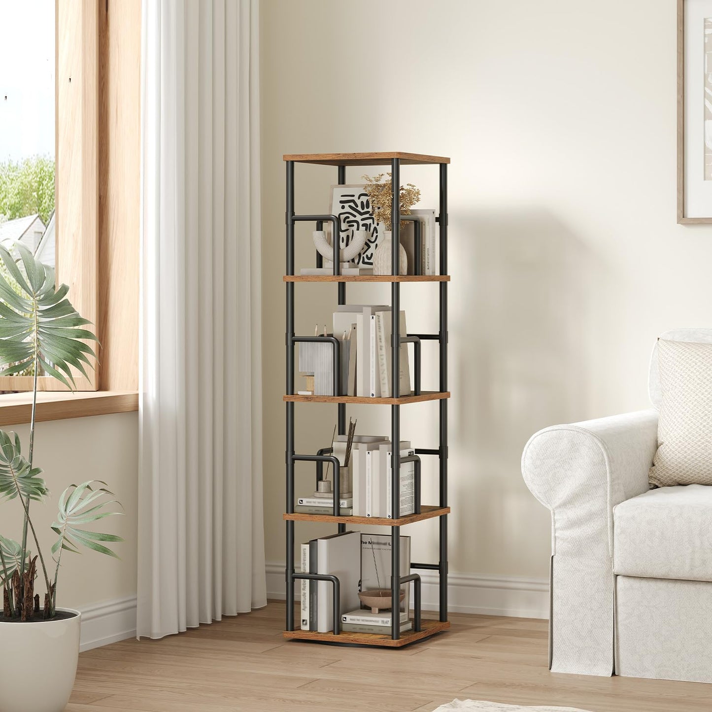 MAHANCRIS Rotating Bookshelf, 5-Tier Spinning Bookcase, 360° Revolving Bookcase, Storage Turning Shelf with Rails for Corner, Living Room, Bedroom