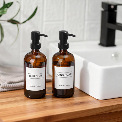 VIMERPA Hand Soap Dispenser,17 fl oz Brown Glass Soap Dispensers, Washing Up Liquid Dispenser, Amber Glass Soap Dispensers Bottle with Pump And Label