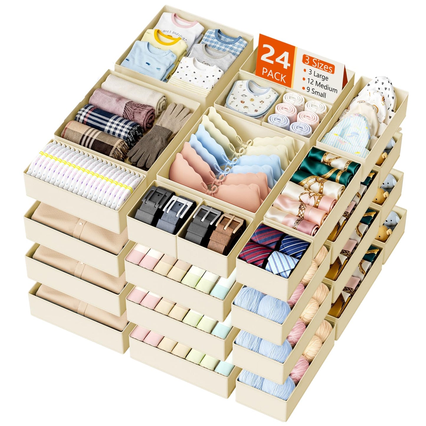 DIMJ 24 Pack Bedroom Drawer Organizer Clothes Newborn Essentials, Beige
