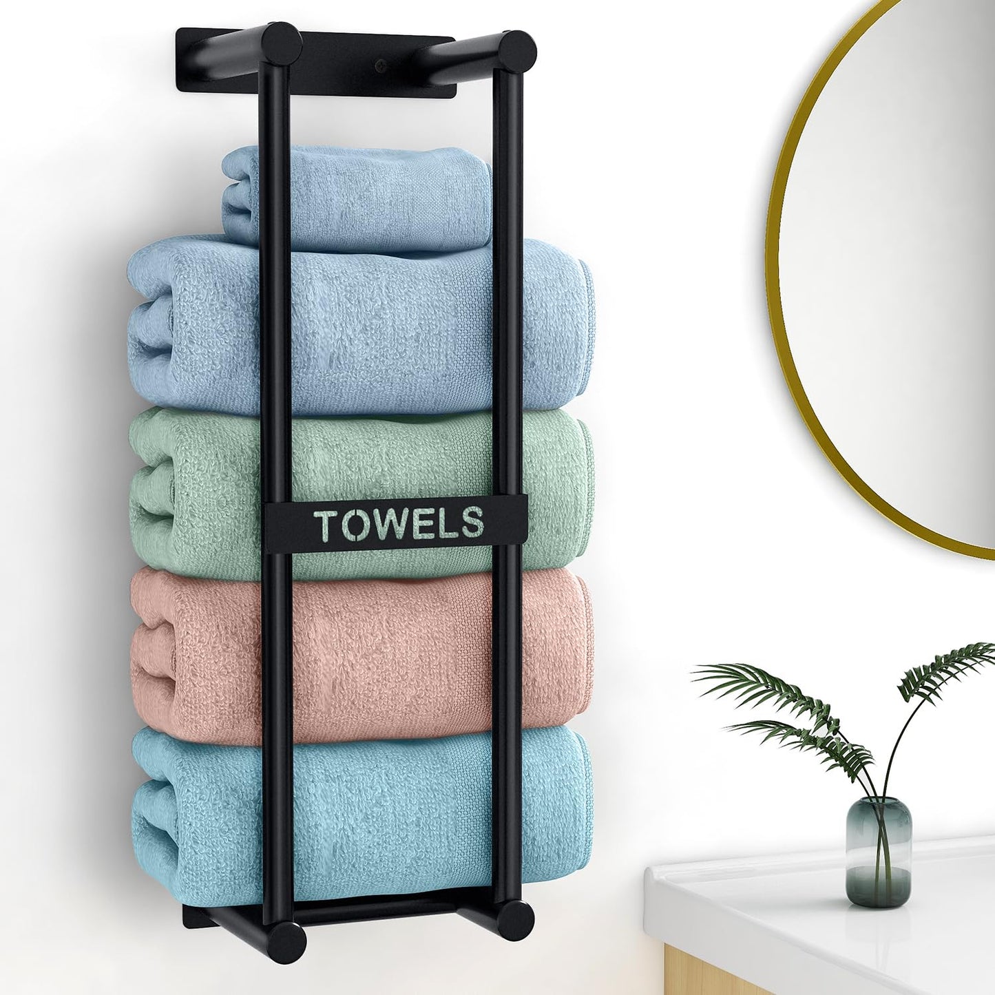 STWWO Towel Rack Wall Mounted Bath Towel Holder 56cm Black Bathroom Towel Holder for 4 Large Bath Sheets Rolled Towels Storage for Small Bathroom