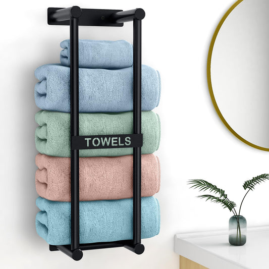 STWWO Towel Rack Wall Mounted Bath Towel Holder 56cm Black Bathroom Towel Holder for 4 Large Bath Sheets Rolled Towels Storage for Small Bathroom