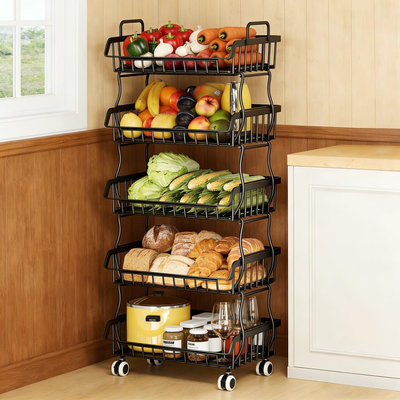 Metal Wire Basket with Top handle and Rolling wheels, Stackable Separable Storage Cart, Heavy Duty Organizer for Kitchen, Bathroom, Bedroom
