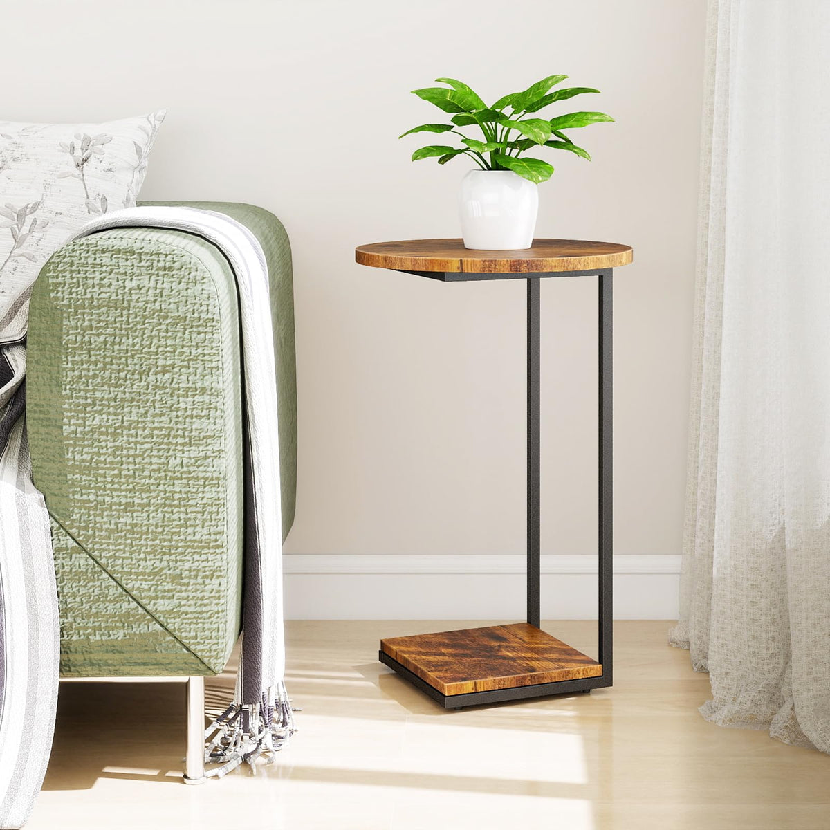 HDANI C-Shaped Side Table,Round End Table under Sofa,Bedside Table,Sofa Side Table with Metal Frame, Small Coffee Snack Table for Living Room