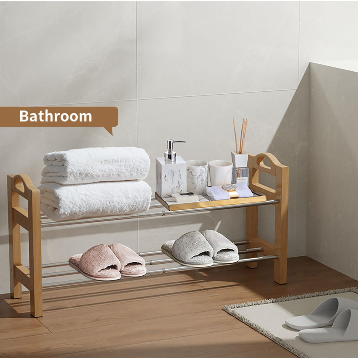 LEMIKKLE Shoe Rack, Oak Wooden Shoe Storage Rack, 2 Tier Stainless Steel Expandable Design, Ideal for Small Shoe Rack for Narrow Space
