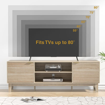 Skokliz TV Unit, 178cm Fluted TV Stand Cabinet, Mid-Century Modern TV Console for TVs up to 80 inch, Farmhouse TV Cabinets with 2 Storage