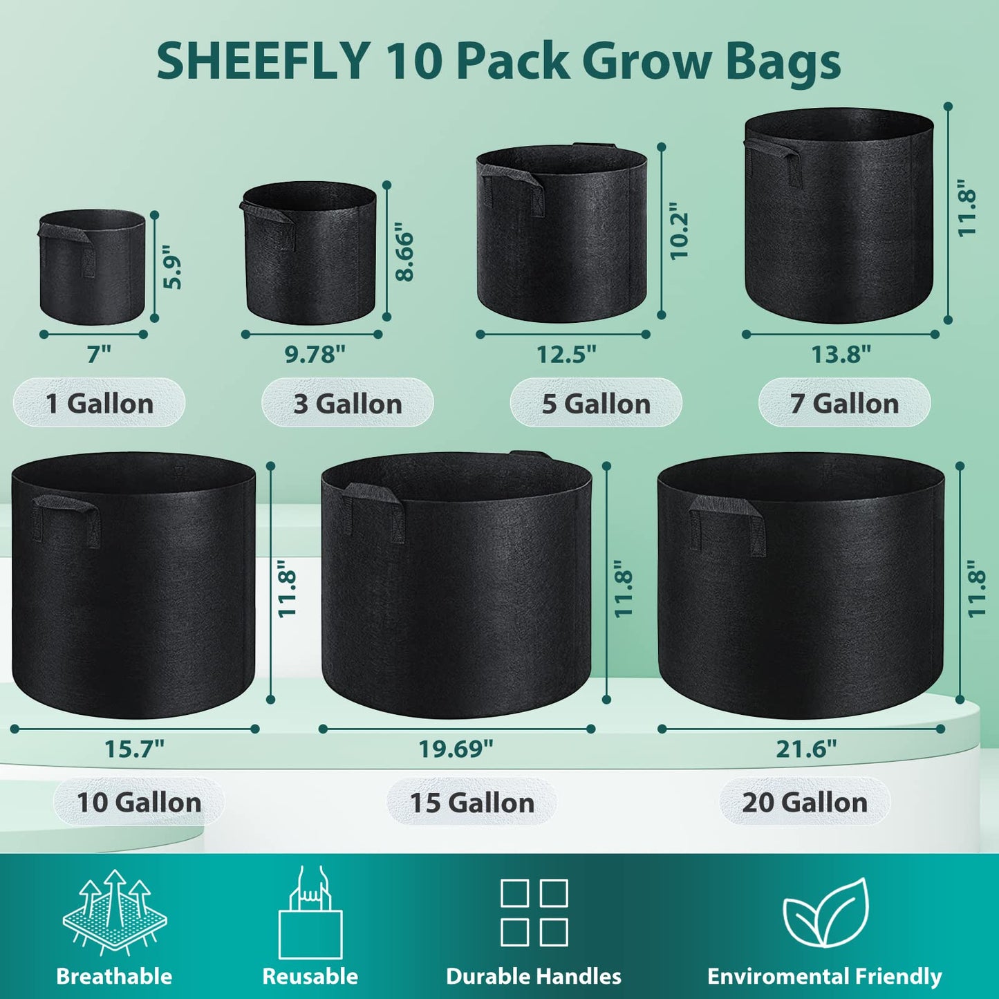 SHEEFLY 10 Pack 15 Gallon Grow Bags,Non Woven Durable Thickened Aeration Fabric Pots Container with Reinforced Handles for Nursery