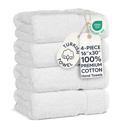 Chakir Turkish Linens 100% Cotton Premium Turkish Towels for Bathroom | 16'' x 30'' (4-Piece Hand Towel, White)