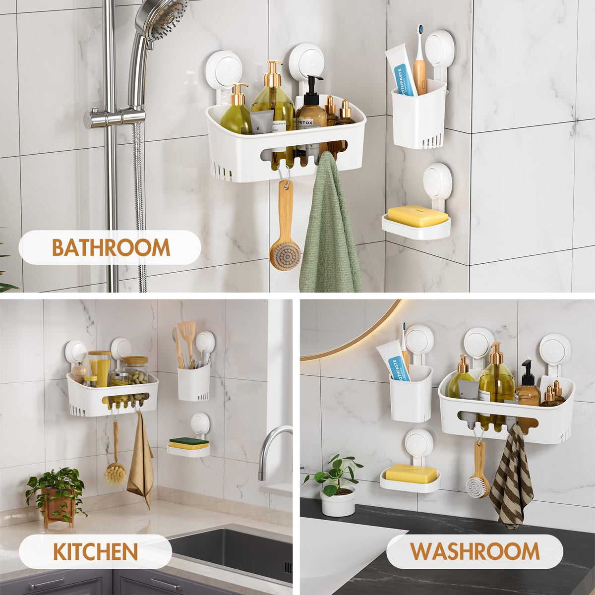 LEVERLOC Shower Caddy Suction Set Bathroom Accessories Storage 2 Pack White