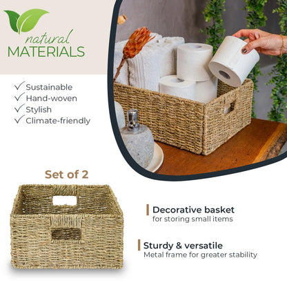 HMF Storage Basket compatible with KALLAX half shelf, basket woven from water hyacinth with handles | Set of 2 | 30 x 34 x 15 cm | Natural