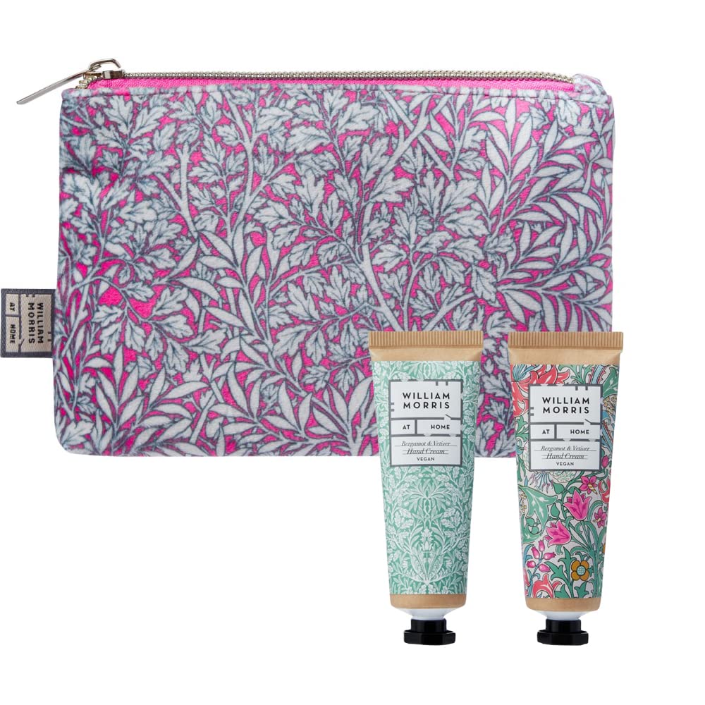 William Morris At Home Hand Cream 30ml x2, Cosmetic Bag, Hand Care Moisturising Kit, Toiletry or Make Up Pouch, Jojoba Oils and Macadamia, Travel