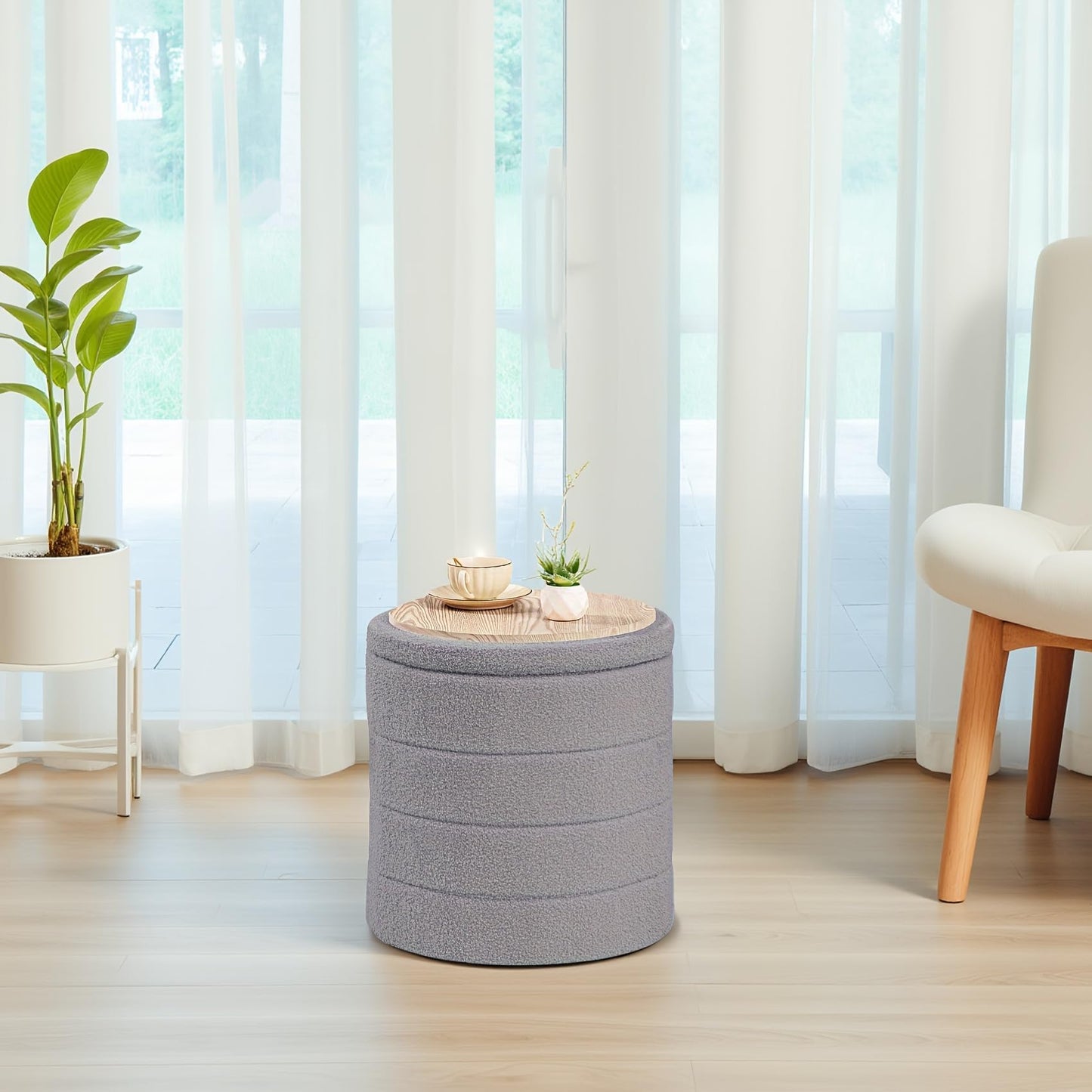 Bonlife Boucle Ottoman Storage, Foot Rest Stool Seat, Folding Footstool for Living Room, Sherpa Ottoman for Bedroom, Grey, 43x43x45 cm