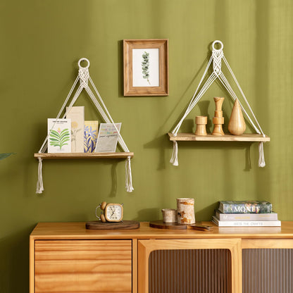Mkono Macrame Hanging Shelves Boho Wall Decor Set of 2 Rustic Wood Floating Storage Shelf for Bedroom Bathroom Living Room Nursery Dorm Room