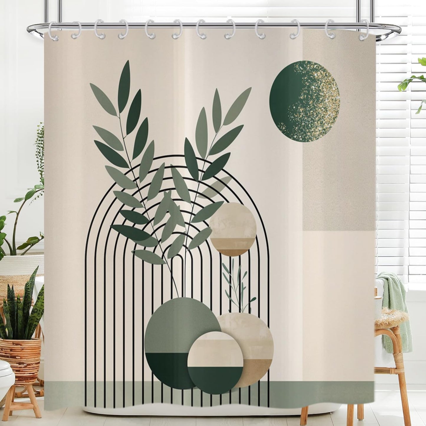 Hnmdmyi Boho Shower Curtain 180x200, Mid Century Abstract Green Leaves Arch Sun Modern Geometric Minimalist Aesthetic Art Bathroom Shower Curtains
